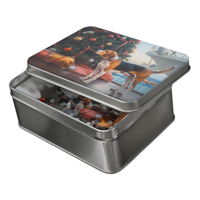 American English Foxhound Christmas Cruise Holiday Jigsaw Puzzle (Lid Open)