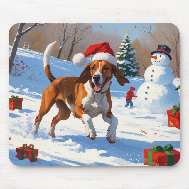 American English Foxhound Christmas Festive Snow  Mouse Pad (Front)