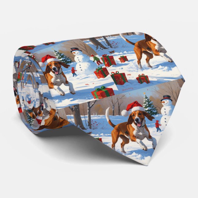 American English Foxhound Christmas Festive Snow  Neck Tie (Rolled)