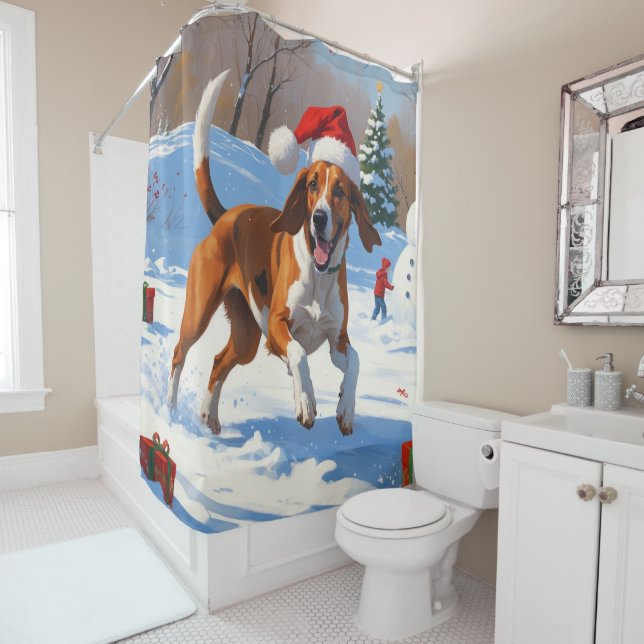American English Foxhound Christmas Festive Snow  Shower Curtain (In Situ)