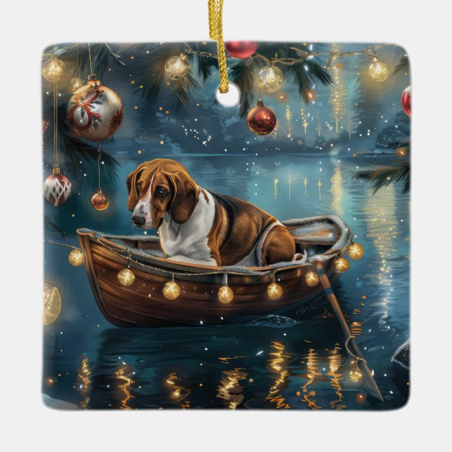 American English Foxhound Christmas Festive Voyage Ceramic Ornament (Front)