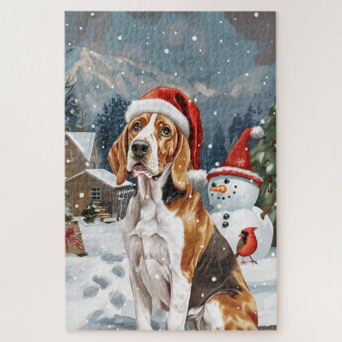 American English Foxhound Dog Winter Christmas Joy Jigsaw Puzzle