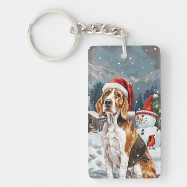 American English Foxhound Dog Winter Christmas Joy Keychain (Front)