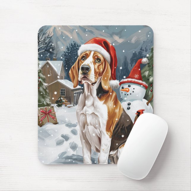 American English Foxhound Dog Winter Christmas Joy Mouse Pad (With Mouse)