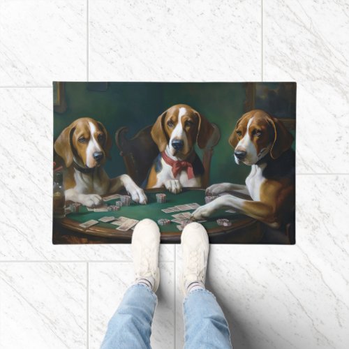 American English Foxhound Dogs Playing Poker Art Doormat