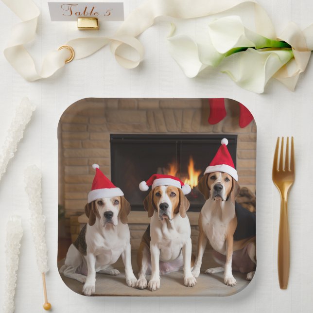 American English Foxhound Fireplace Christmas Paper Plates (Wedding)
