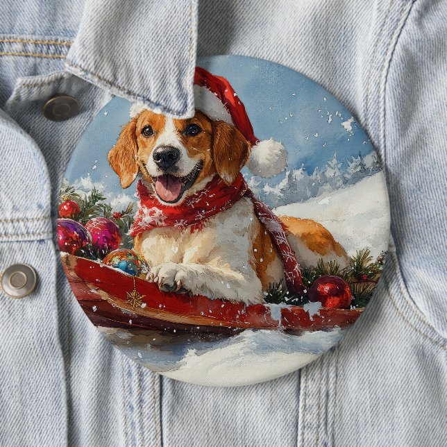 American English Foxhound in Sledge Christmas Button (In Situ)