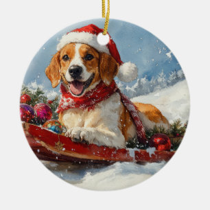 American English Foxhound in Sledge Christmas Ceramic Ornament