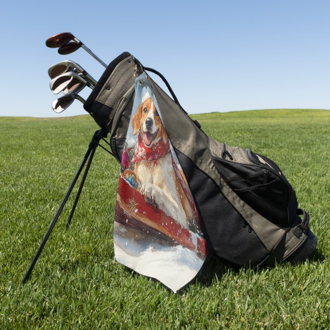 American English Foxhound in Sledge Christmas Golf Towel (Green)