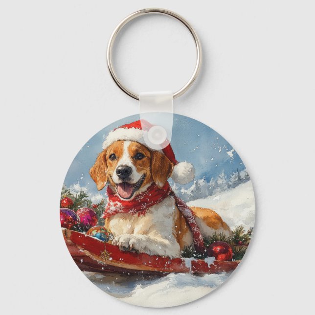American English Foxhound in Sledge Christmas Keychain (Front)