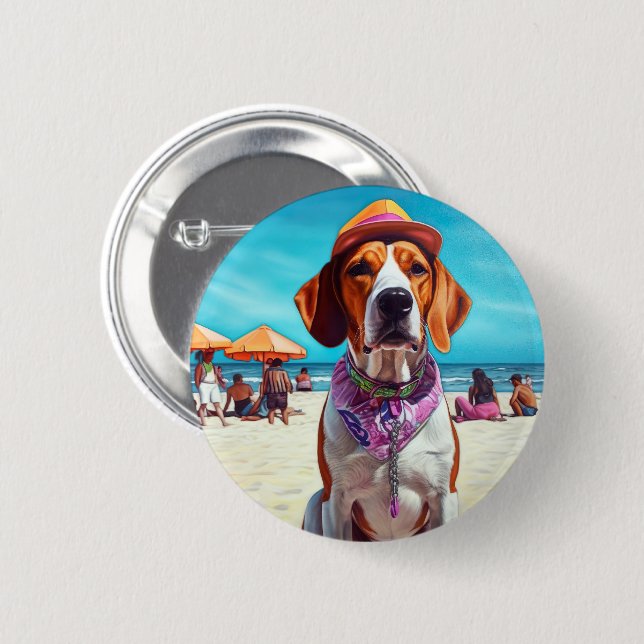 American English Foxhound on Beach, summer gift  Button (Front & Back)