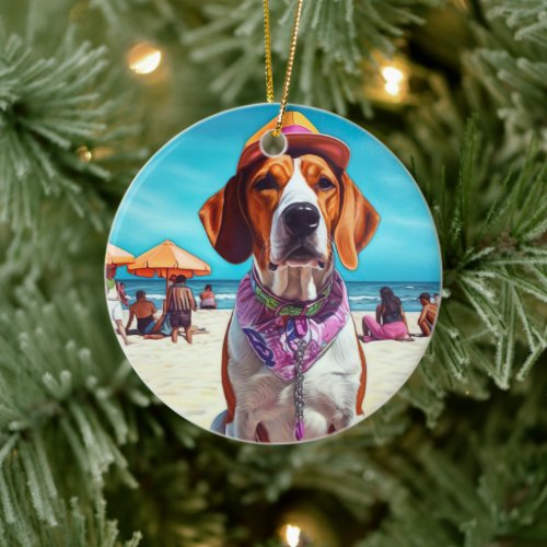 American English Foxhound on Beach summer gift  Ceramic Ornament