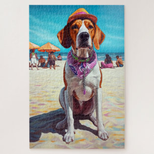 American English Foxhound on Beach, summer gift Jigsaw Puzzle