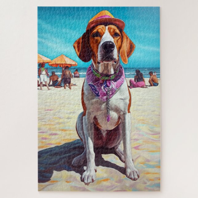 American English Foxhound on Beach, summer gift  Jigsaw Puzzle (Vertical)