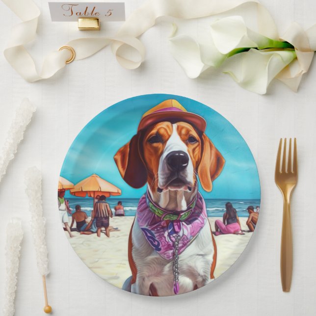 American English Foxhound on Beach, summer gift  Paper Plates (Wedding)