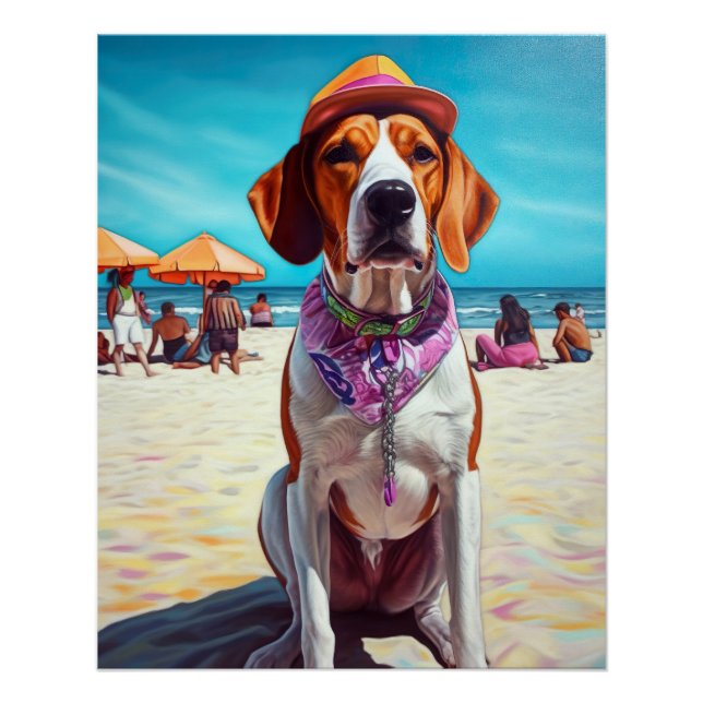 American English Foxhound on Beach, summer gift  Poster (Front)