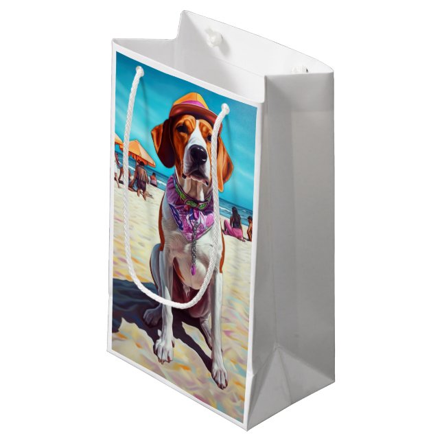 American English Foxhound on Beach, summer gift  Small Gift Bag (Front Angled)