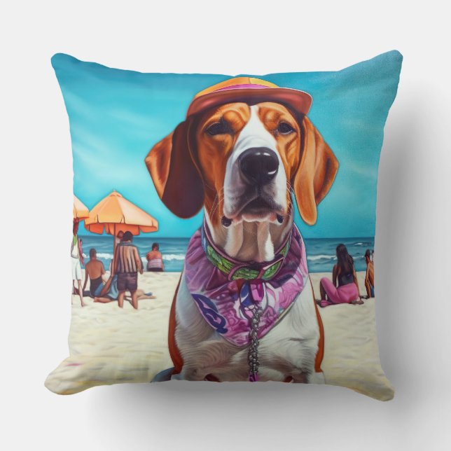 American English Foxhound on Beach, summer gift  Throw Pillow (Front)