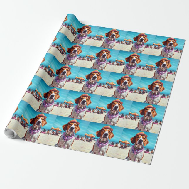 American English Foxhound on Beach, summer gift  Wrapping Paper (Unrolled)