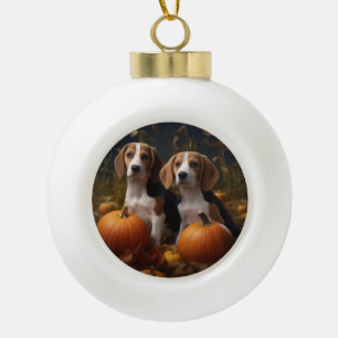 American English Foxhound Puppy Autumn Delight Ceramic Ball Christmas Ornament