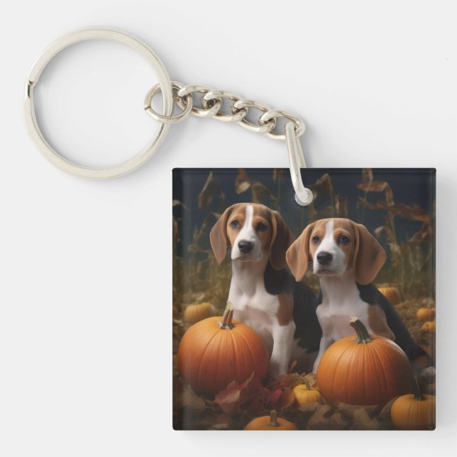 American English Foxhound Puppy Autumn Delight Keychain (Front)