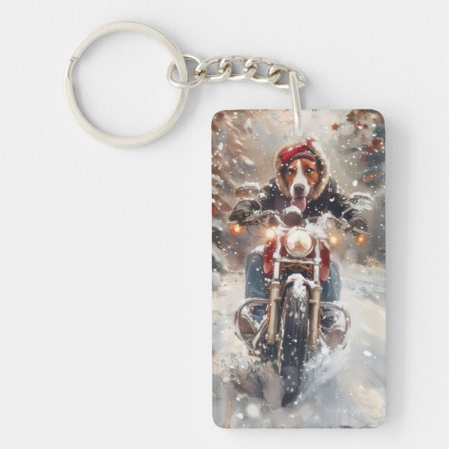 American English Foxhound Riding Bike Christmas Keychain (Front)