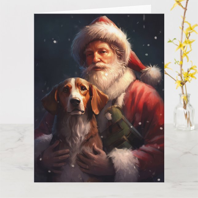 American English Foxhound Santa Claus Christmas Card (Yellow Flower)