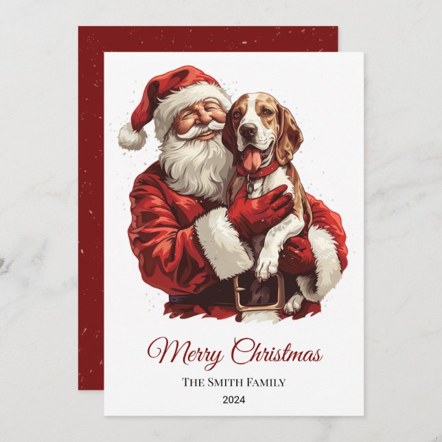 American English Foxhound Santa Claus Christmas Holiday Card (Front/Back)