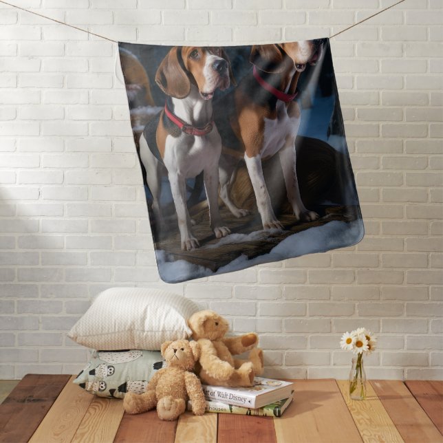 American English Foxhound Snowy Sleigh Christmas Baby Blanket (In Situ)