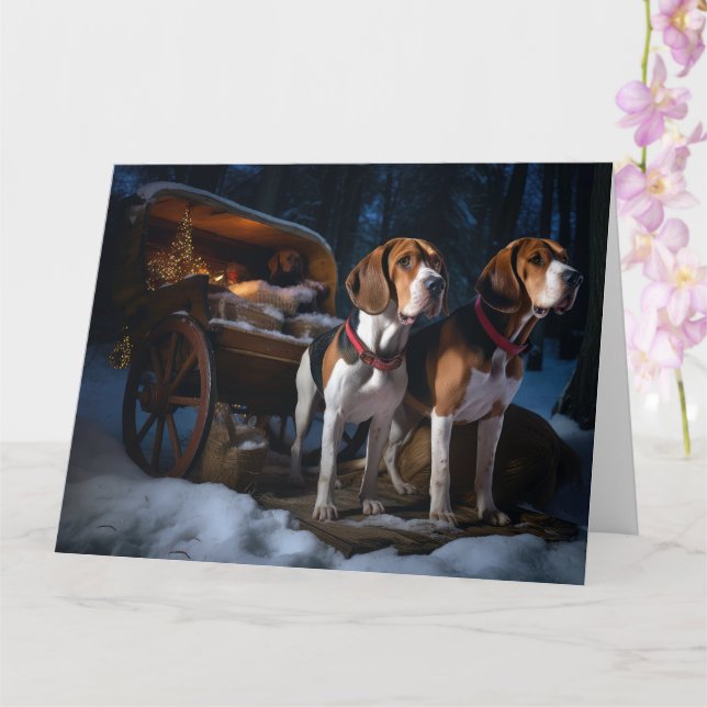 American English Foxhound Snowy Sleigh Christmas Card (Orchid)