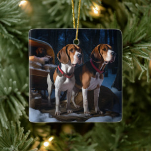 American English Foxhound Snowy Sleigh Christmas Ceramic Ornament