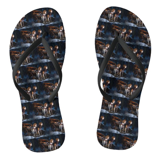 American English Foxhound Snowy Sleigh Christmas Flip Flops (Footbed)