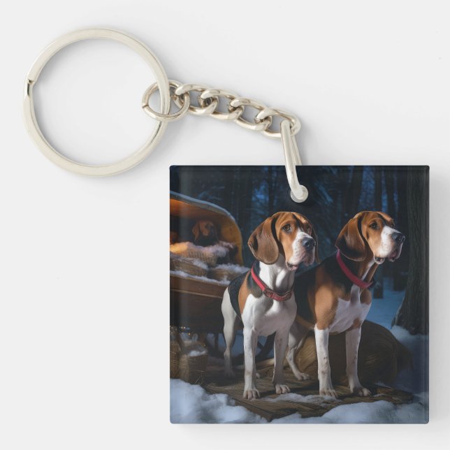 American English Foxhound Snowy Sleigh Christmas Keychain (Front)