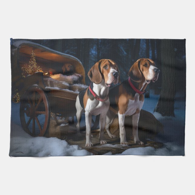 American English Foxhound Snowy Sleigh Christmas Kitchen Towel (Horizontal)