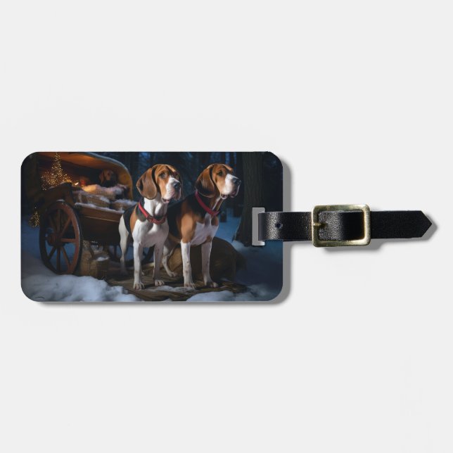 American English Foxhound Snowy Sleigh Christmas Luggage Tag (Front Horizontal)
