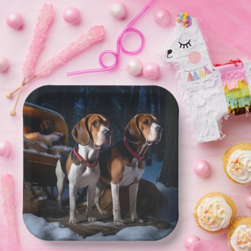 American English Foxhound Snowy Sleigh Christmas Paper Plates