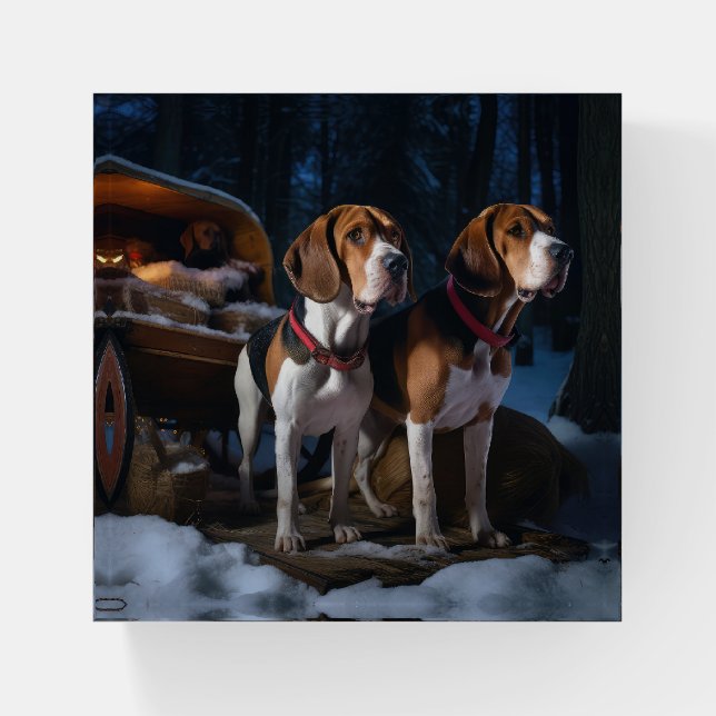 American English Foxhound Snowy Sleigh Christmas Paperweight (Front)