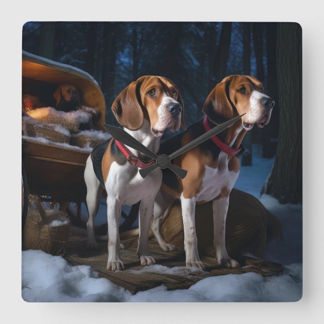 American English Foxhound Snowy Sleigh Christmas Square Wall Clock (Front)