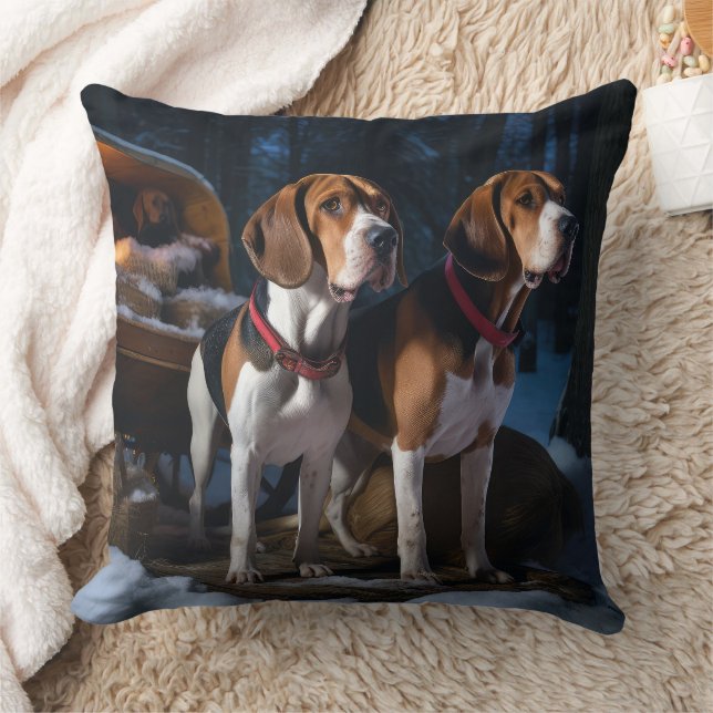 American English Foxhound Snowy Sleigh Christmas Throw Pillow (Blanket)