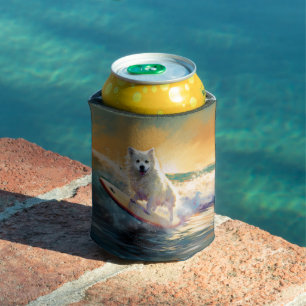 American Eskimo Beach Surfing Painting Can Cooler
