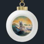 American Eskimo Beach Surfing Painting  Ceramic Ball Christmas Ornament<br><div class="desc">Immerse yourself in the playful world of canine adventure with this captivating painting. A spirited dog takes to the waves, skillfully riding the surf on a sun-kissed beach. The vibrant artwork beautifully captures the essence of beachside excitement as the dog fearlessly rides the waves, embodying the spirit of fun and...</div>