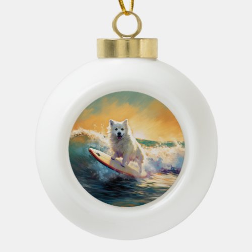 American Eskimo Beach Surfing Painting  Ceramic Ball Christmas Ornament
