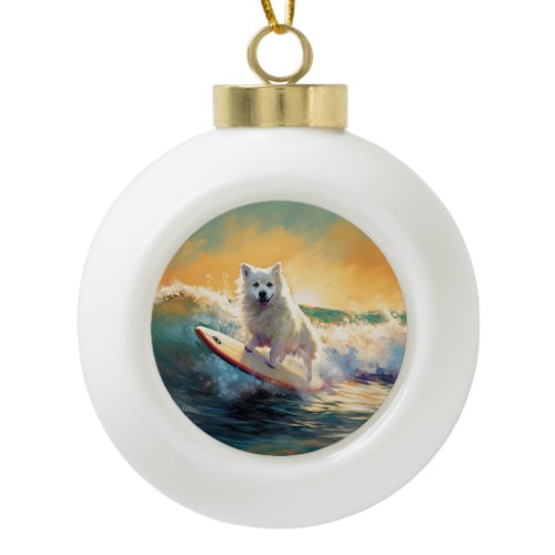 American Eskimo Beach Surfing Painting  Ceramic Ball Christmas Ornament