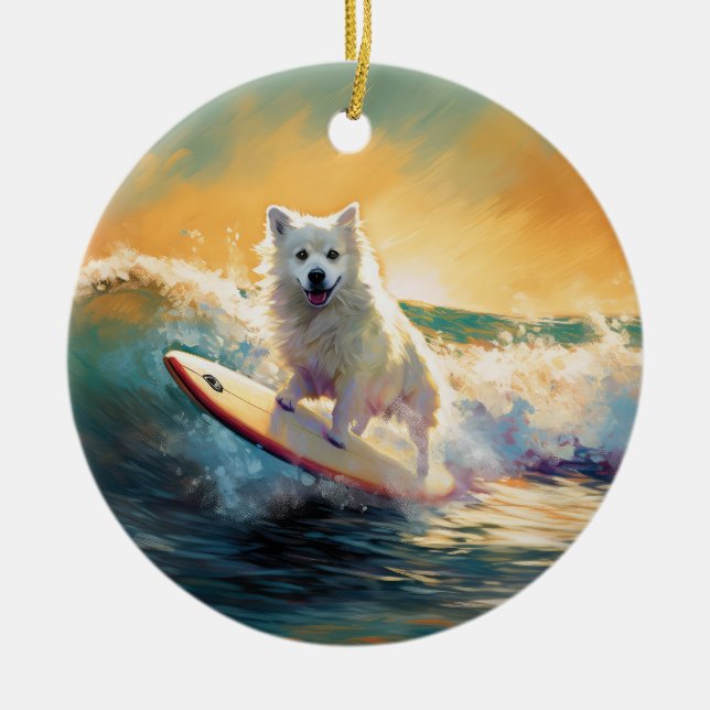 American Eskimo Beach Surfing Painting  Ceramic Ornament (Front)