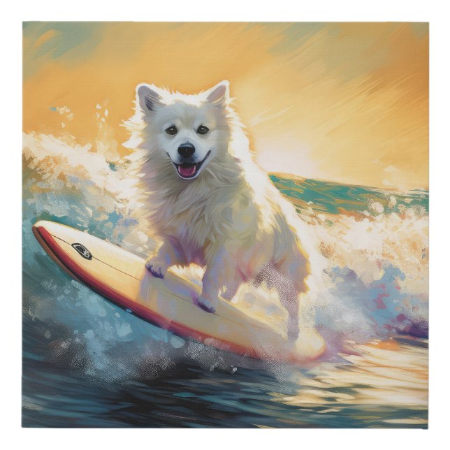 American Eskimo Beach Surfing Painting  Faux Canvas Print (Front)