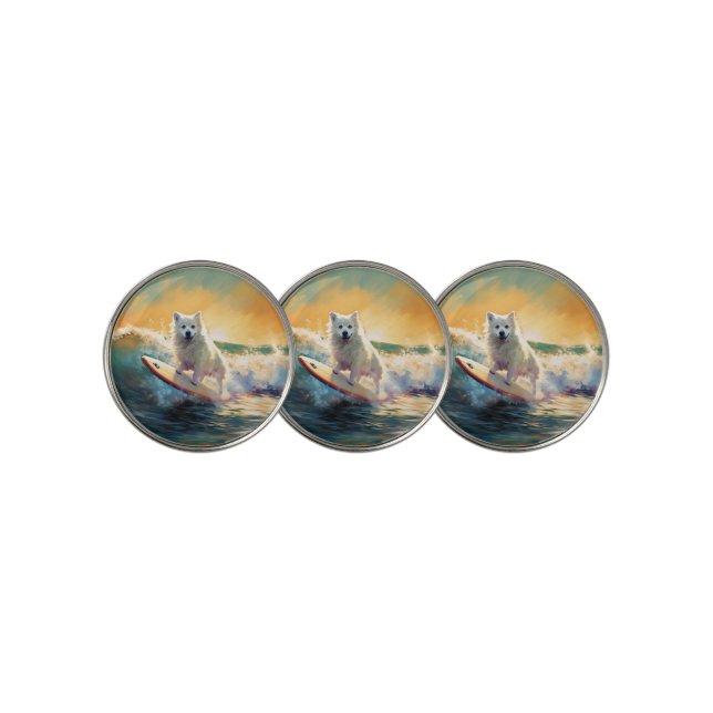 American Eskimo Beach Surfing Painting  Golf Ball Marker (3 Up)
