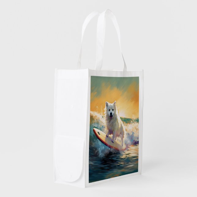 American Eskimo Beach Surfing Painting  Grocery Bag (Front Side)