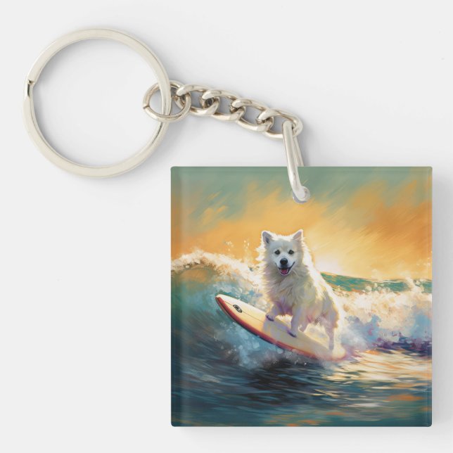 American Eskimo Beach Surfing Painting  Keychain (Front)