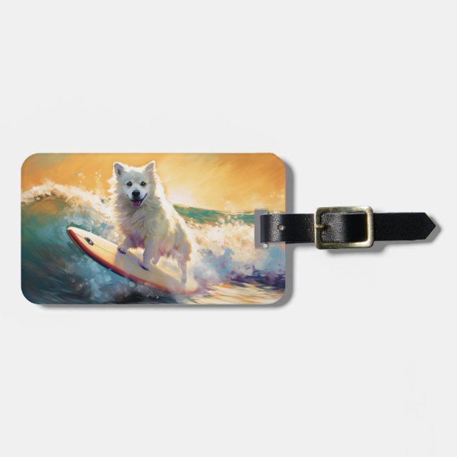American Eskimo Beach Surfing Painting  Luggage Tag (Front Horizontal)