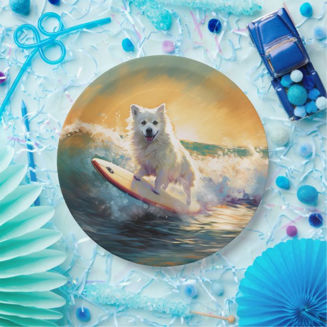 American Eskimo Beach Surfing Painting  Paper Plates (Party)